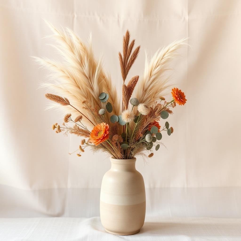 Arranjo de flores secas em vaso de cerâmica